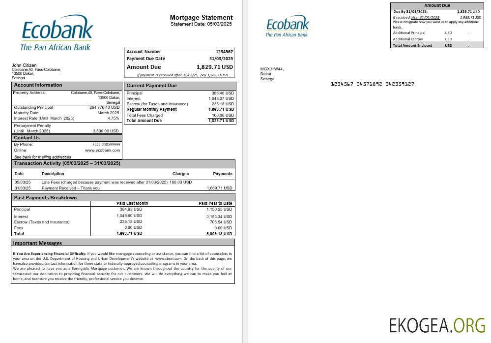 Relevé hypothécaire Ecobank Sénégal aux formats Word et PDF